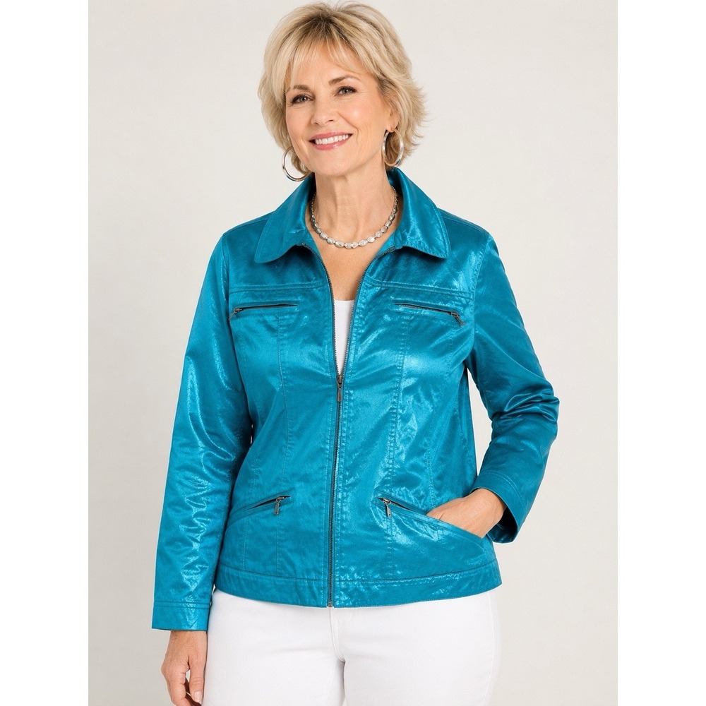 Chico's Teal Shimmer Zip Front Utility Jacket Women's Size 3 XL 16 18